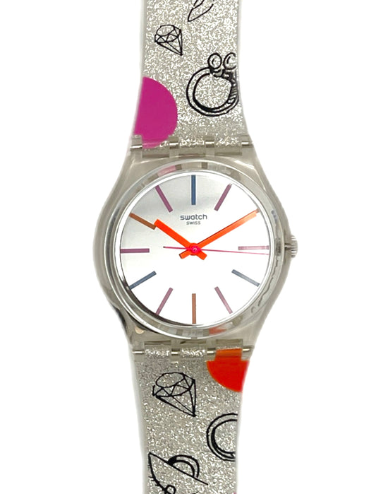 Swatch watch with a decorative strap on a white background