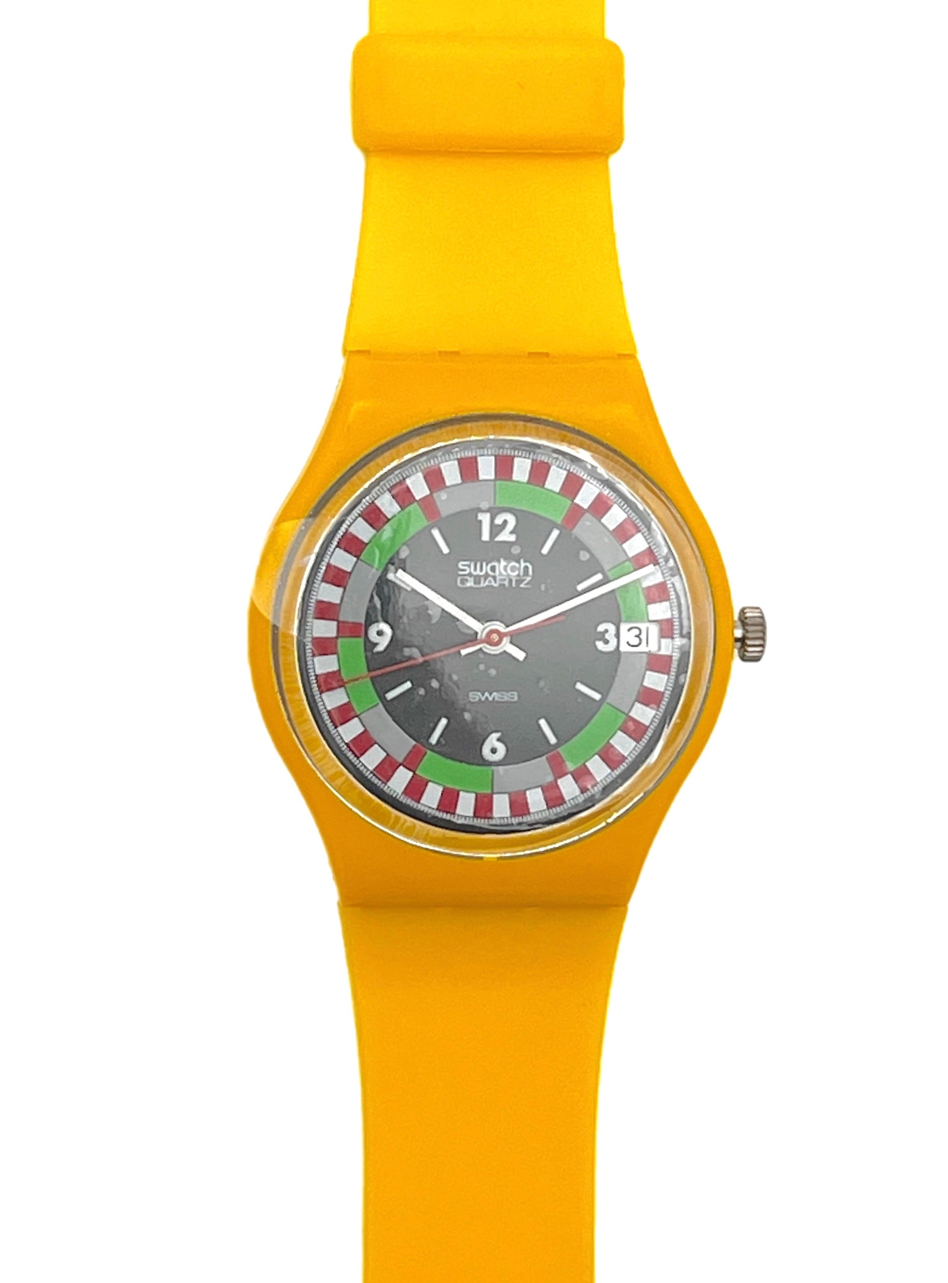 A Swatch Swiss Sport watch featuring a bright yellow silicone strap and case, with a dark gray dial and a red and green racing-style bezel.