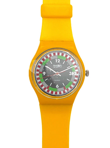 A Swatch Swiss Sport watch featuring a bright yellow silicone strap and case, with a dark gray dial and a red and green racing-style bezel.