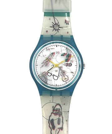 A Swatch wristwatch featuring a translucent white silicone strap and blue case, decorated with whimsical illustrations of a bird, a spider, and a robot on a white background.