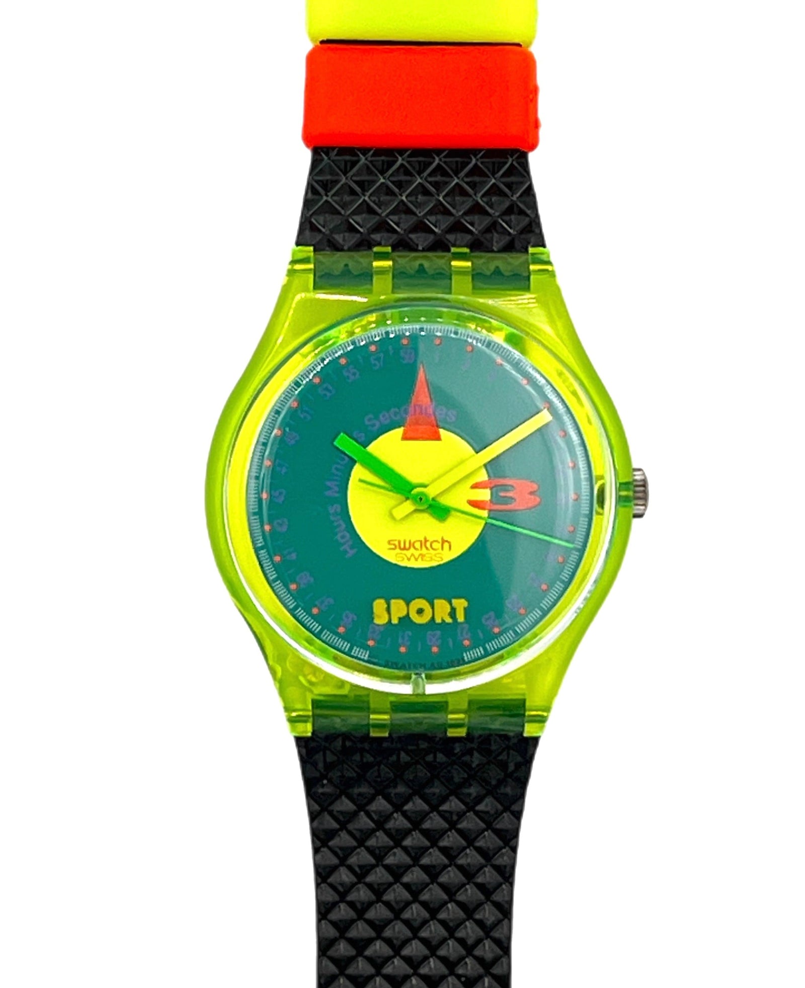 A Swatch Sport wristwatch featuring a translucent neon yellow-green case, a green dial with a yellow sun and red/orange details, and a black textured silicone strap with neon yellow, red, and orange segments at the top.