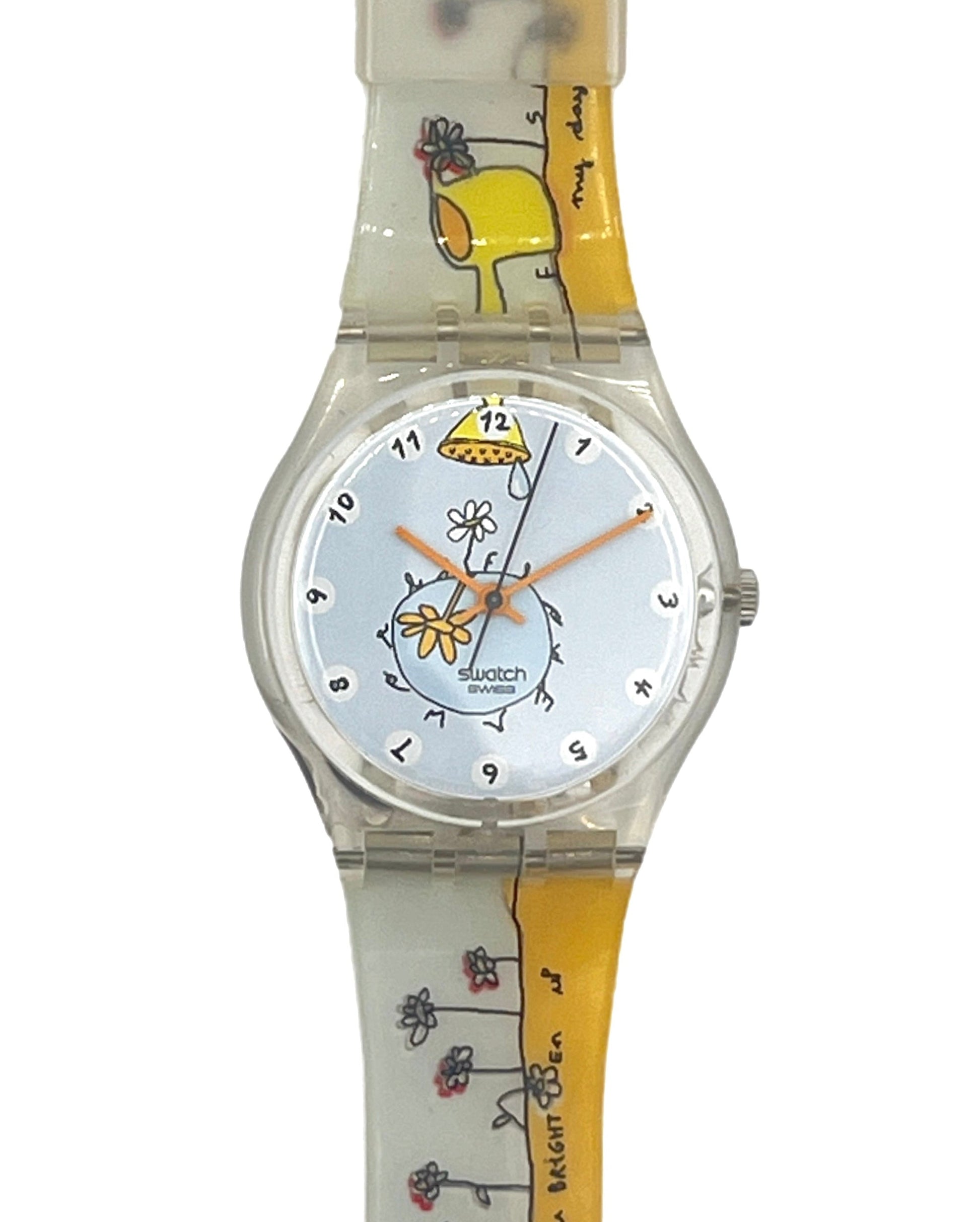 Swatch wristwatch with a clear plastic case and strap, featuring a white dial with black numerals and orange hands, decorated with a yellow flower and illustrated with 'my day' and 'can you believe it' text on a white background.