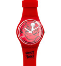 A red silicone watch by Swatch with a rose graphic on the dial and the words 'ONLY YOU!' printed on the strap, shown against a plain white background.