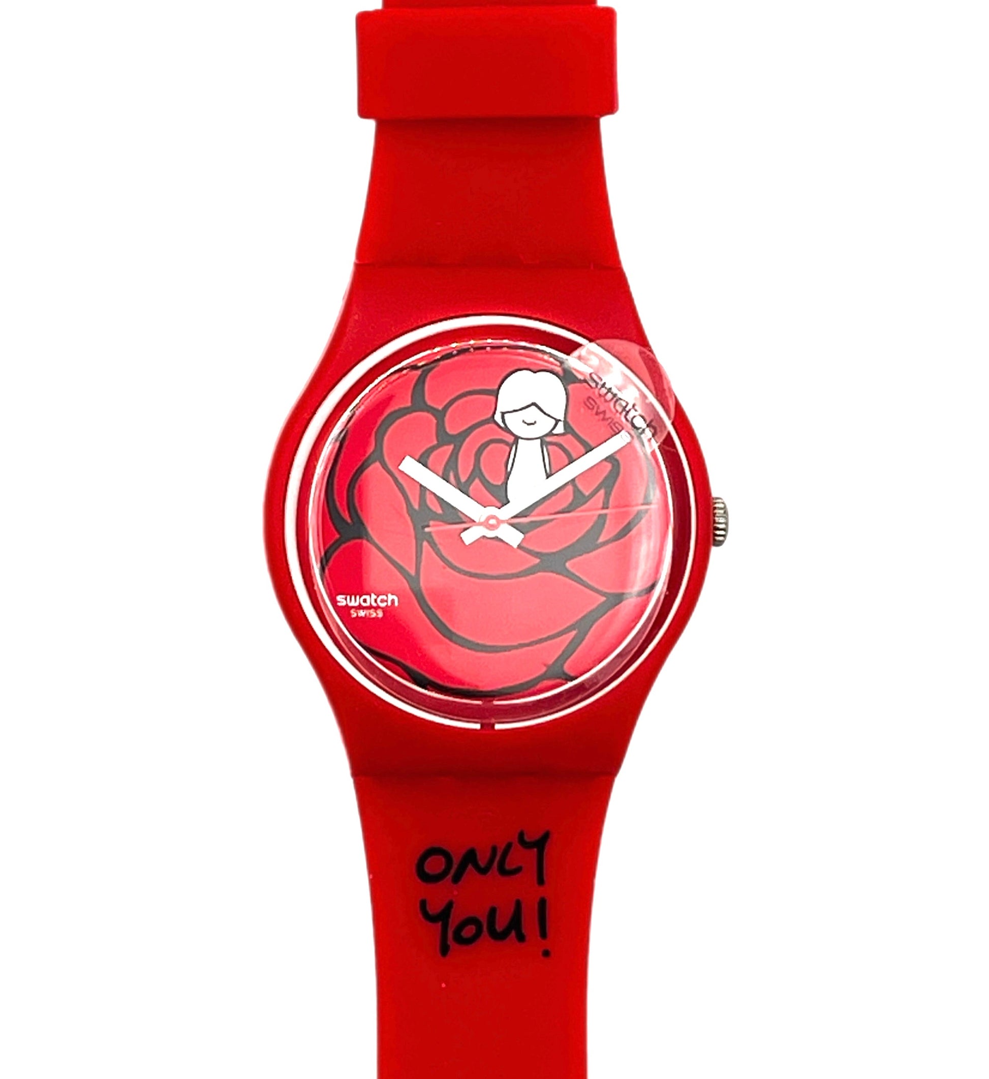 A red silicone watch by Swatch with a rose graphic on the dial and the words 'ONLY YOU!' printed on the strap, shown against a plain white background.
