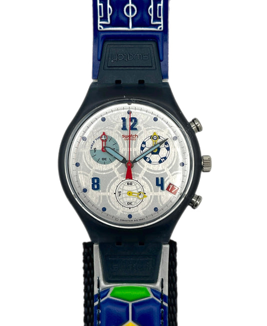 Swatch watch with colorful design on a white background