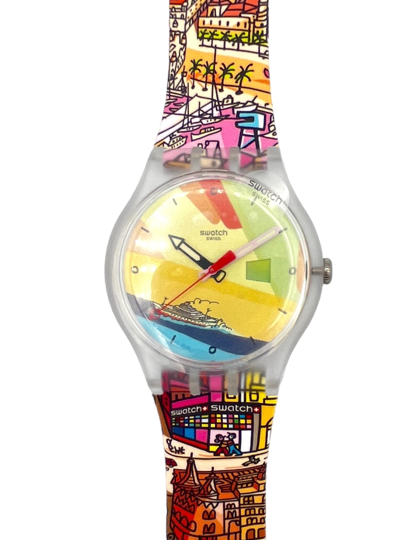 Colorful Swatch watch with a detailed strap design on a white background
