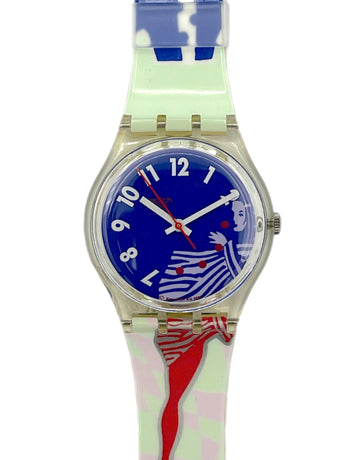 Watch with a colorful strap featuring a design of a person in a dress on a white background