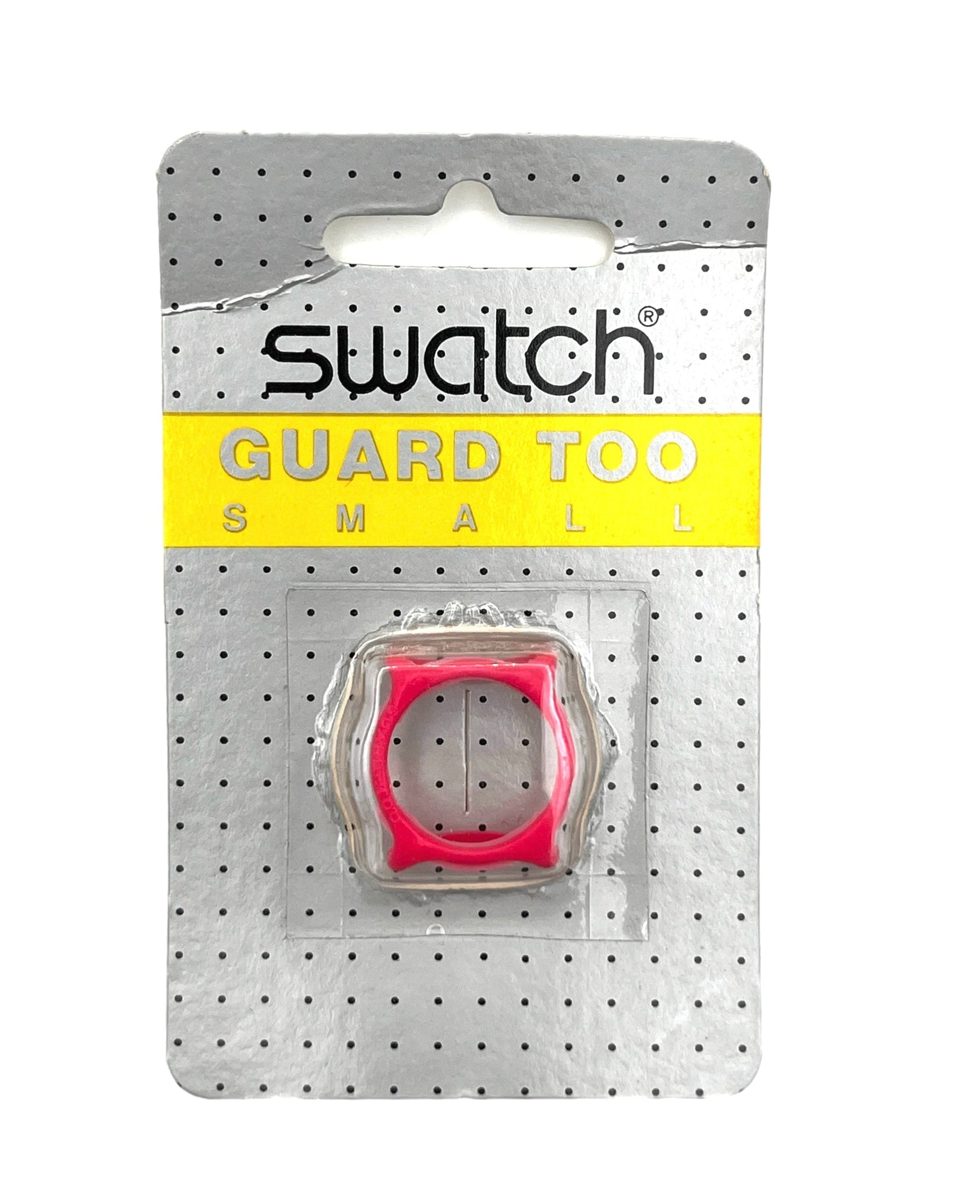 Swatch Guard Too Small ring protector in pink, packaged on a silver and yellow blister card.