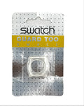 A Swatch Guard Too Small clear silicone ring accessory in its original silver blister card packaging with a yellow band.
