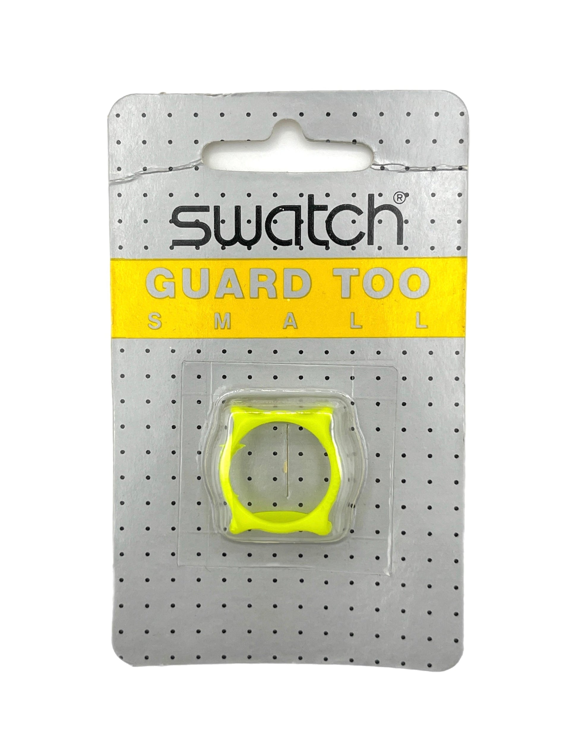 A small neon yellow Swatch Guard Too ring holder in its original retail blister packaging, featuring a silver perforated backing card with a yellow banner.