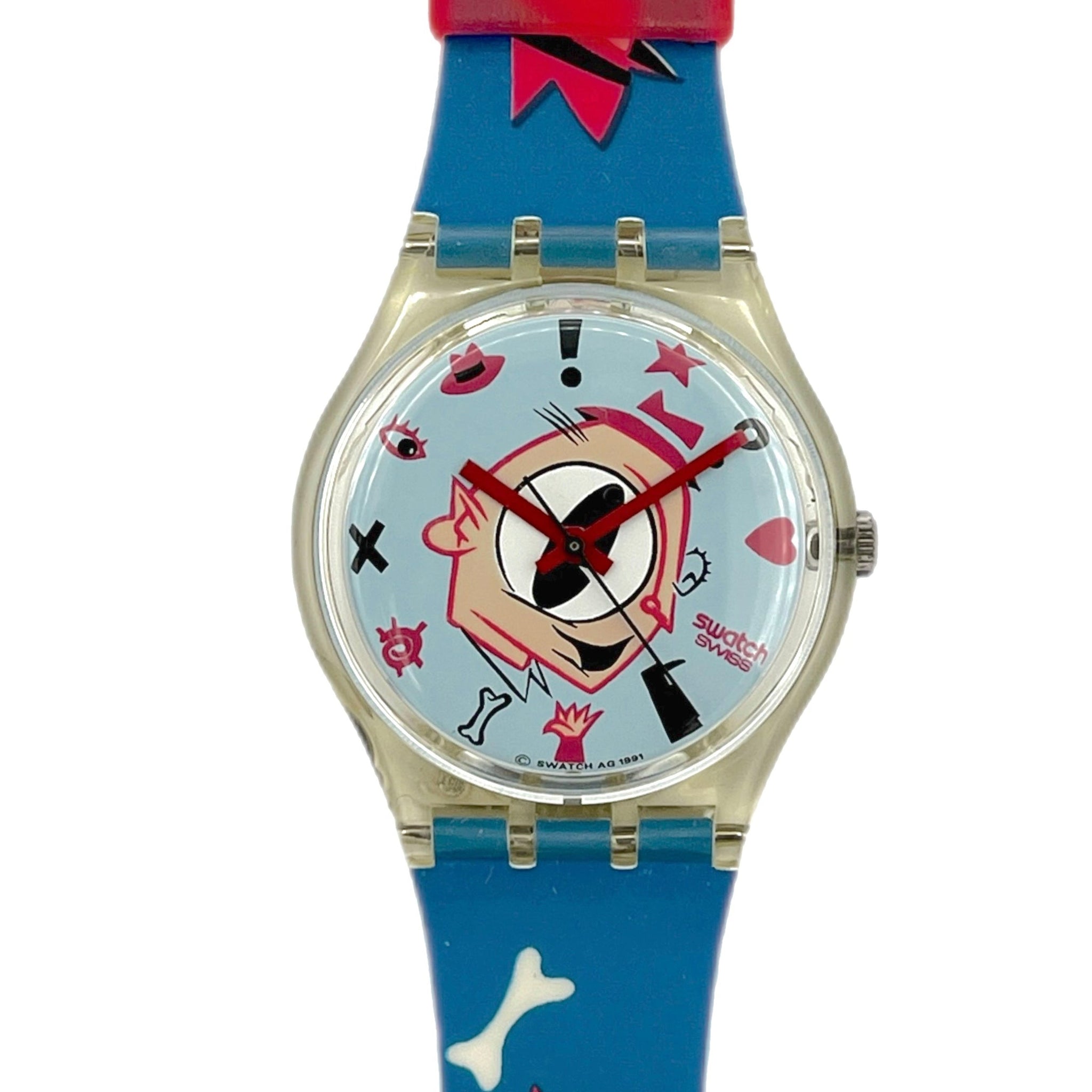 Cartoon-themed watch with colorful strap on a white background