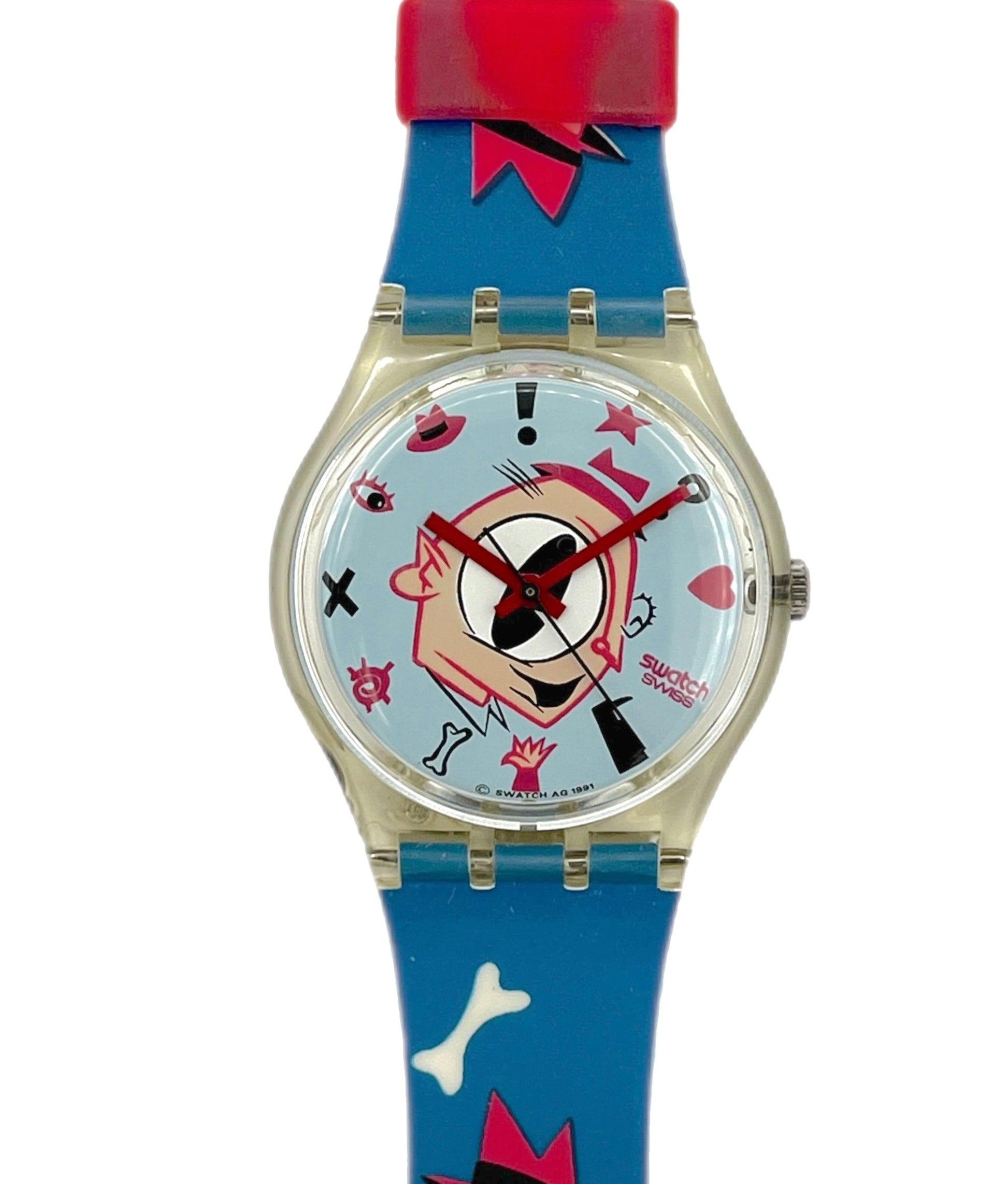 Cartoon-themed watch with colorful strap on a white background