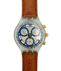 Watch with brown leather strap and blue face on a white background