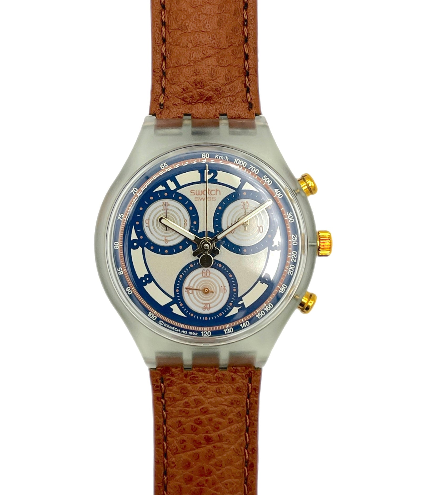 Watch with brown leather strap and blue face on a white background