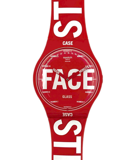 Red Swatch watch with white text on a white background