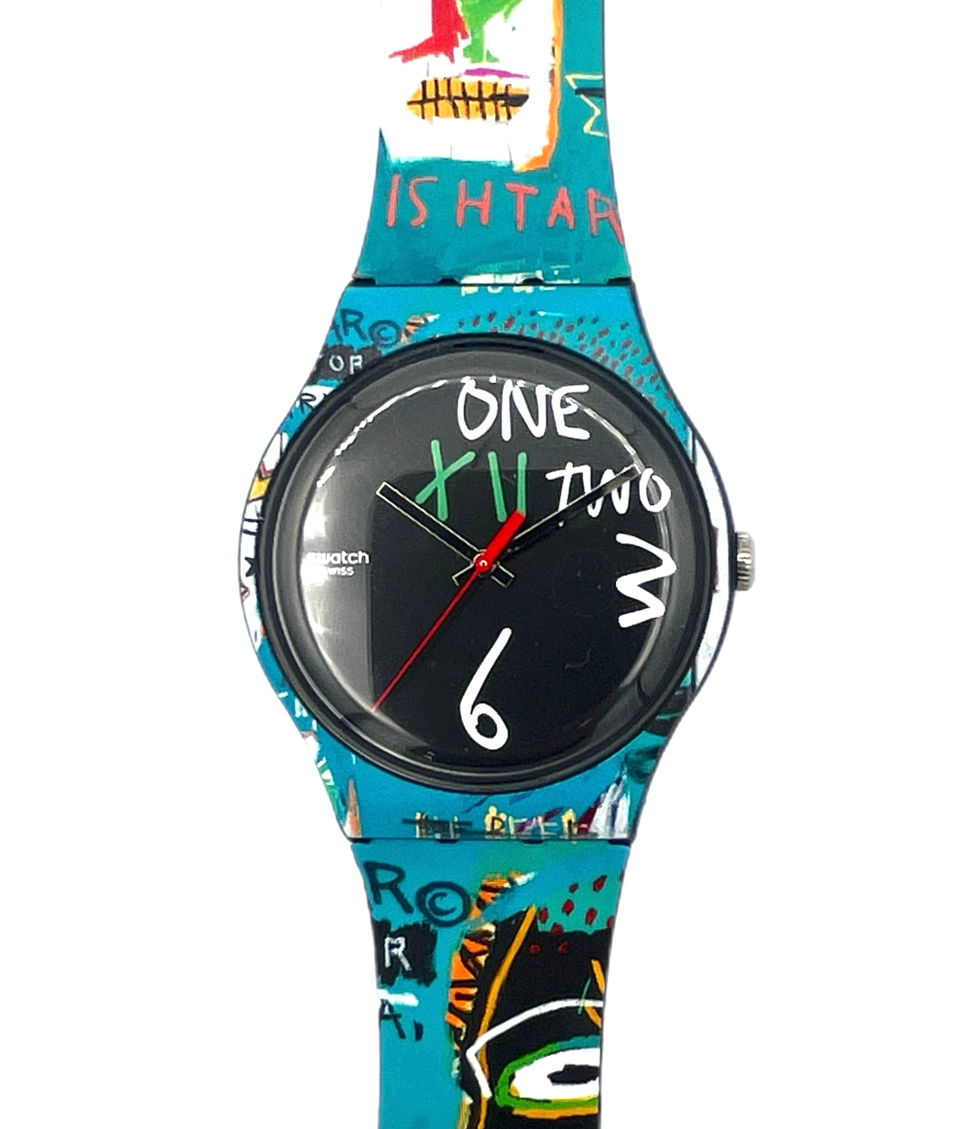 Colorful watch with a unique design on the strap against a white background