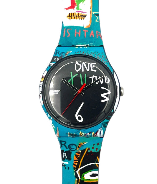Colorful watch with a unique design on the strap against a white background