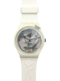 Swatch 5207 watch featuring a white silicone strap and case, with a dial displaying a stylized portrait of two faces.