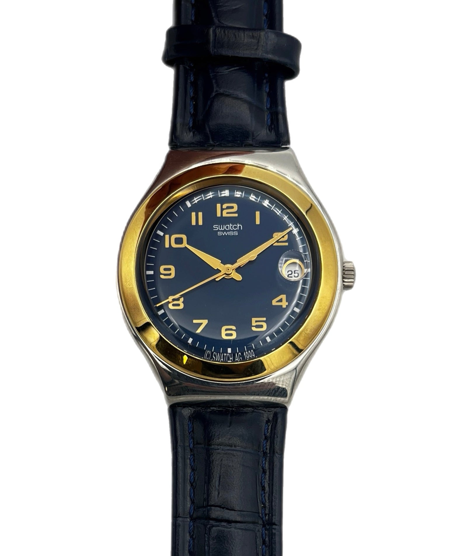Watch with bluestrap and gold and blue face on a white background