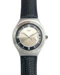 Swatch watch with black strap and silver case on a white background