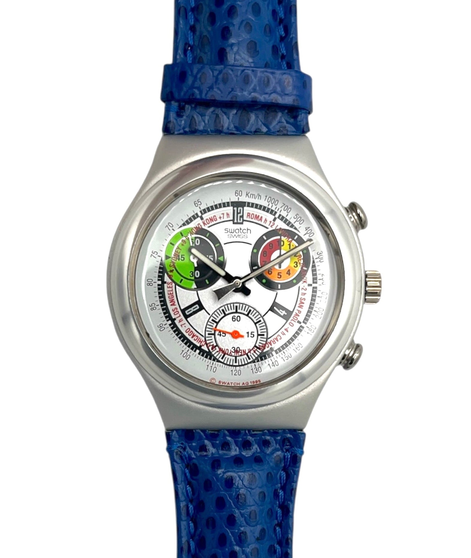 Watch with a blue strap and colorful face on a white background
