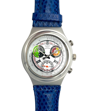 Watch with a blue strap and colorful face on a white background