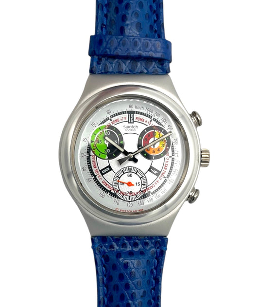 Watch with a blue strap and colorful face on a white background