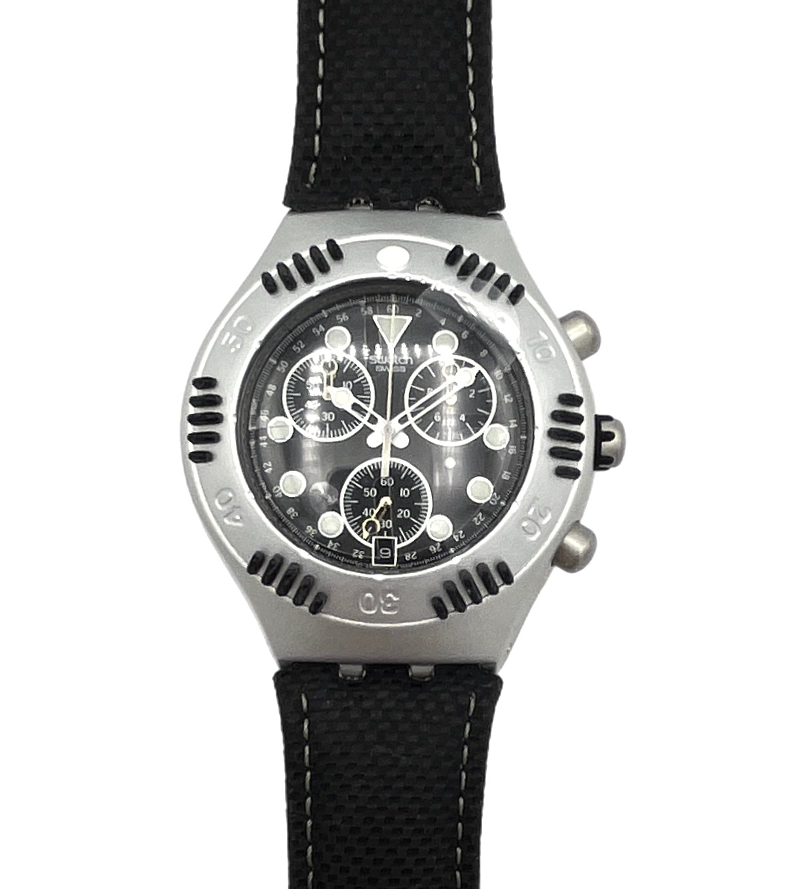 Wristwatch with black strap and detailed face on a white background