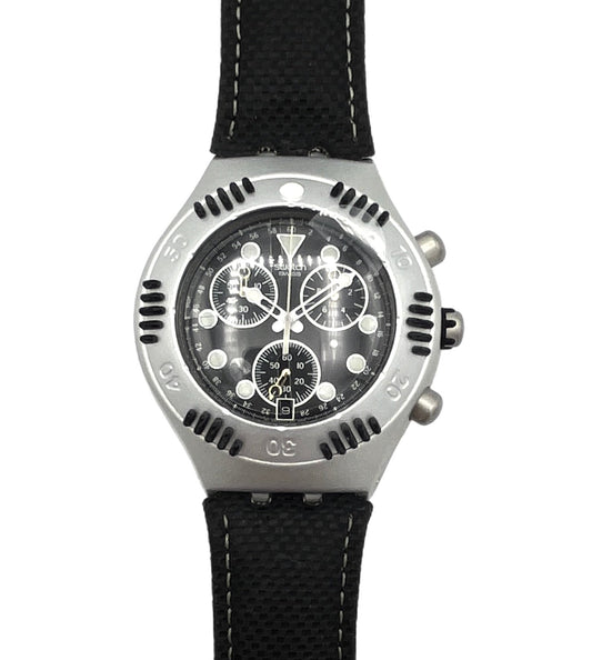 Wristwatch with black strap and detailed face on a white background
