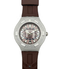 Watch with brown strap and silver case on white background
