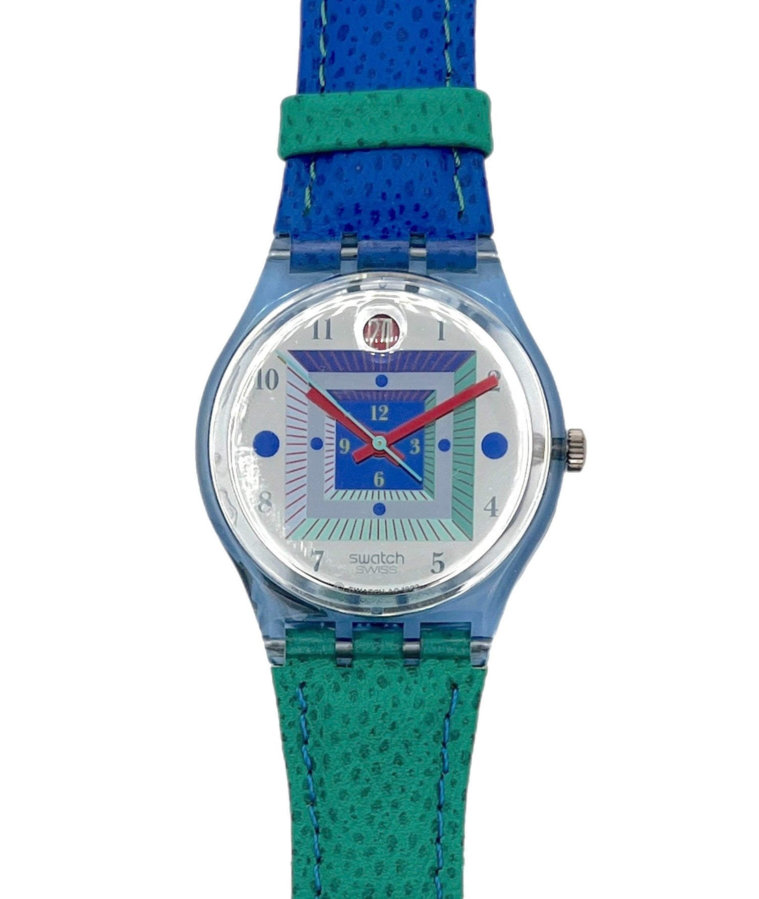 Watch with blue and green strap on a white background