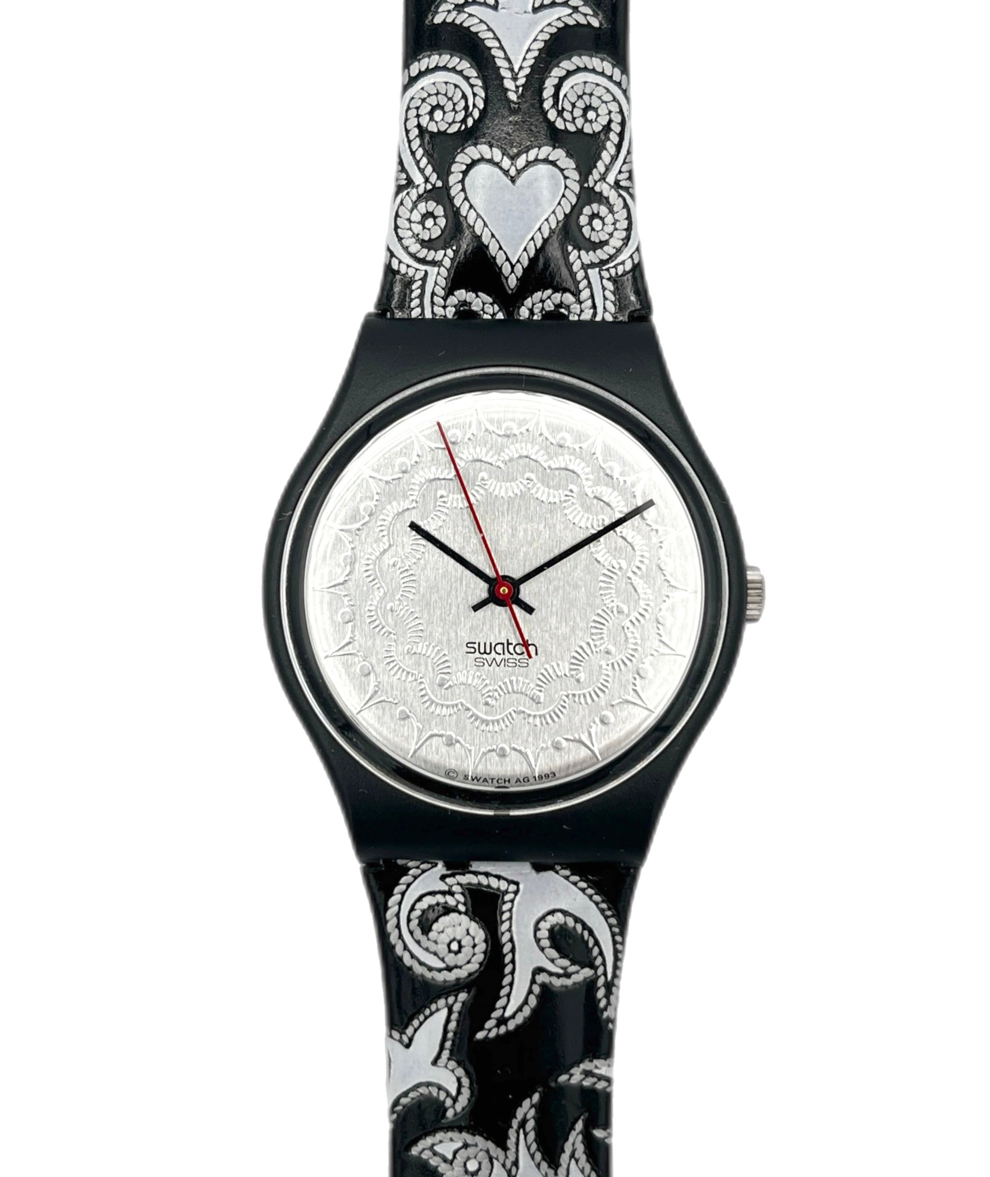 Swatch watch with black and white patterned strap on a white background