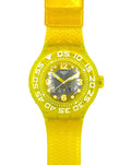 A Swatch wristwatch featuring a bright yellow translucent silicone strap and bezel, with a dark gray dial and white Arabic numerals.