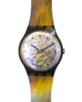 A wristwatch with a black case and a strap featuring a yellow, gold, and brown wood-grain pattern, set against a plain white background.