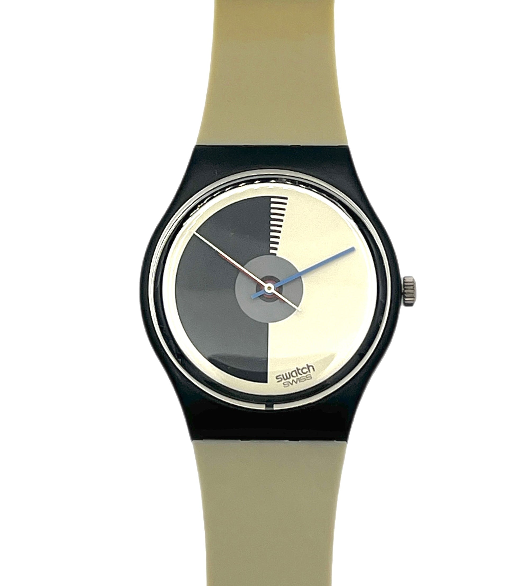 Swatch watch with a black and beige strap on a white background