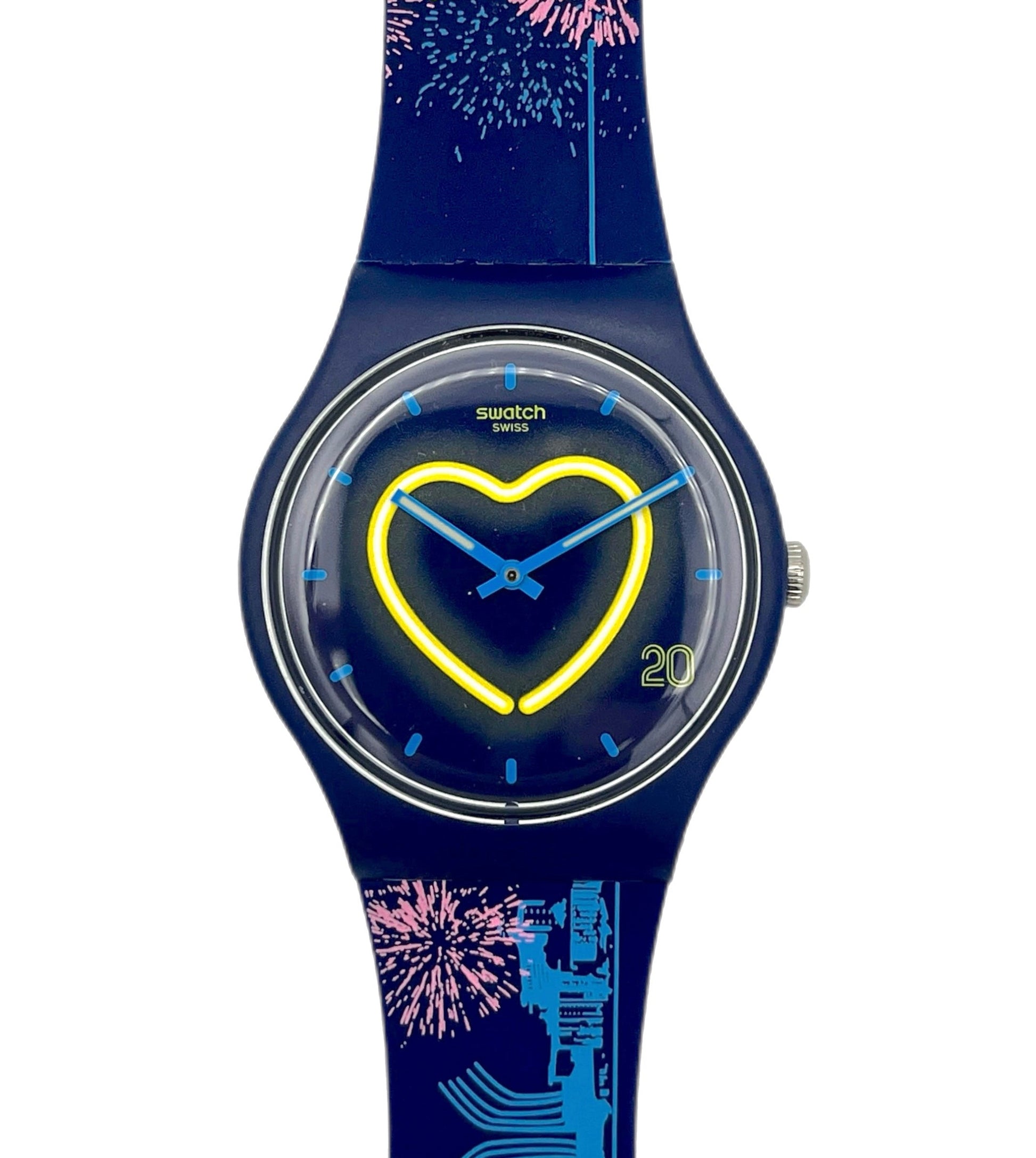 Navy blue Swatch watch with heart design on a white background