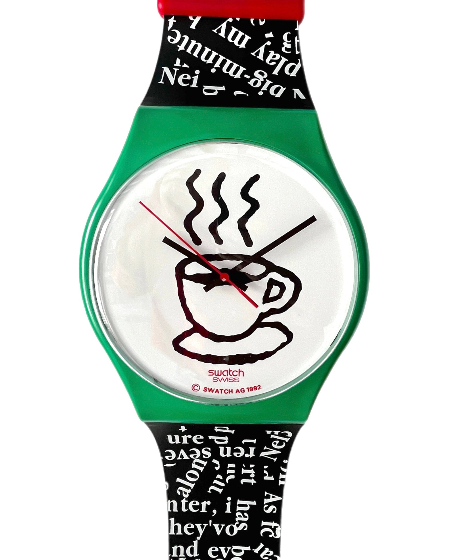 Swatch watch with a green strap and white face featuring a coffee cup design.