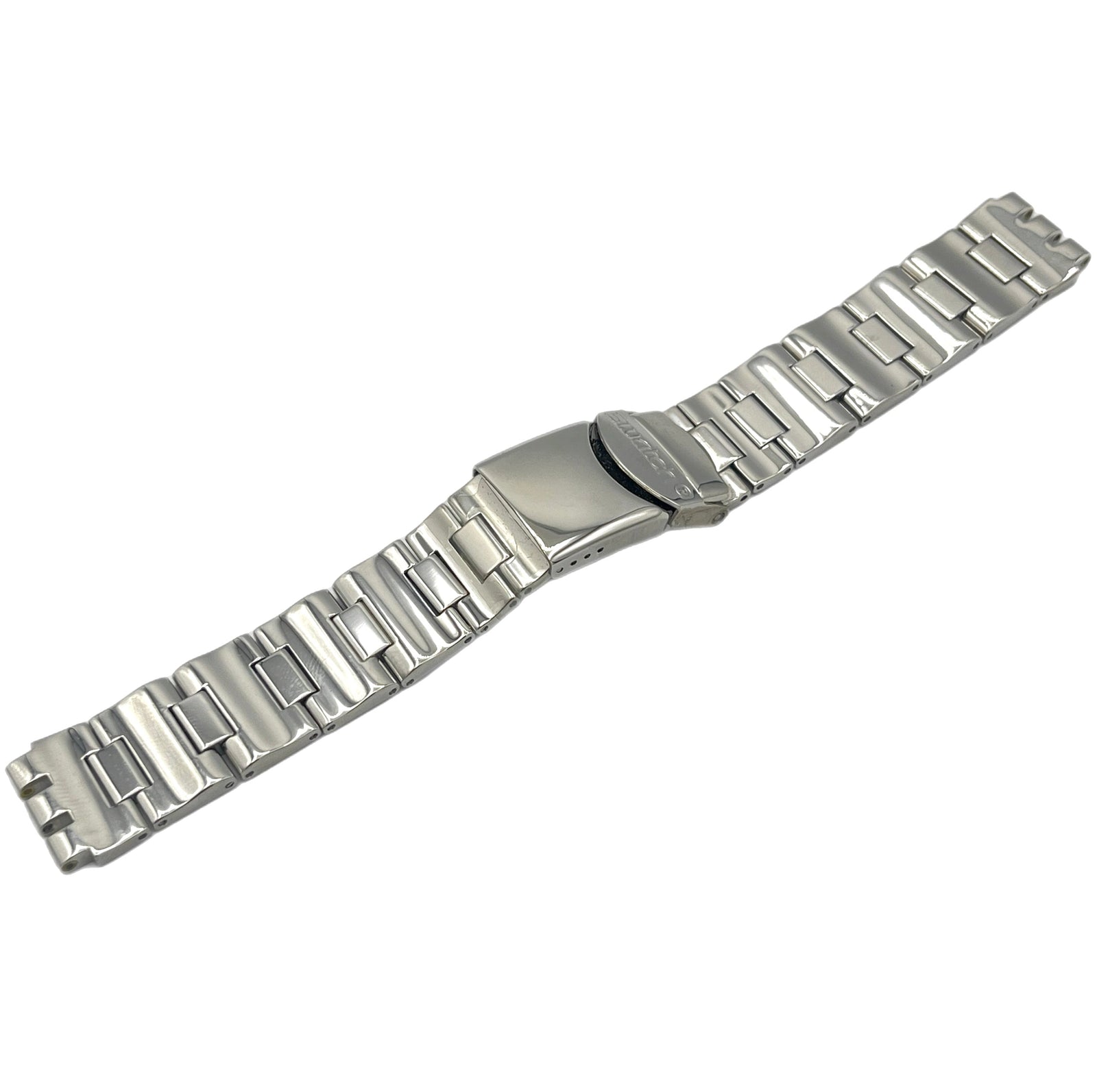 Silver metal watch strap on a white background