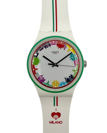 White Swatch watch with colorful design and 'I love Milano' text on a white background
