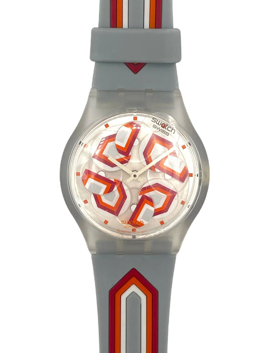 Wristwatch with a gray strap and red accents on a white background