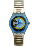 A Swatch digital watch with a translucent light blue case and a metallic silver link bracelet, featuring a colorful dial with blue hands, yellow and black accents, and 'swatch' printed on the face.