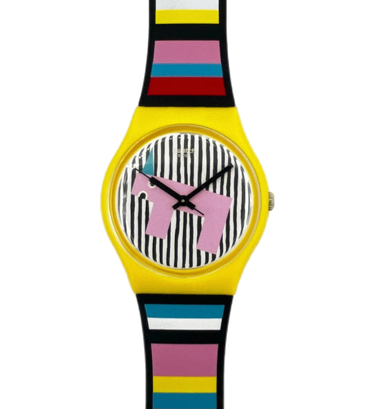 Colorful Swatch watch with a striped face on a white background