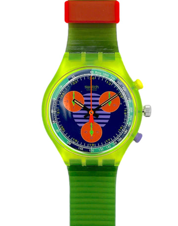Colorful watch with a green strap on a white background