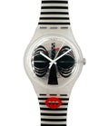 A Swatch wristwatch featuring a clear plastic case, black and white striped strap, and a unique dial with black spiral hands and a red lips logo near the bottom.