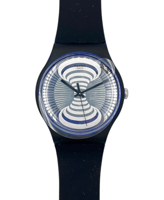 Black wristwatch with a unique circular design on the dial against a white background