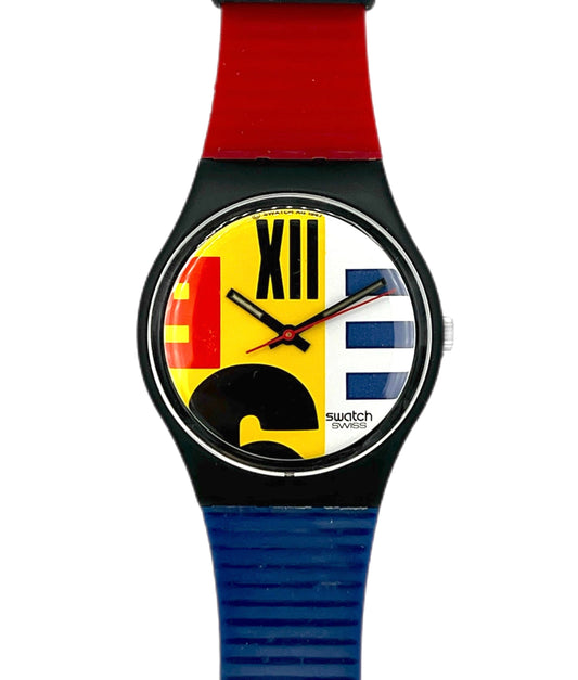 Swatch watch with a colorful face and multicolored strap on a white background