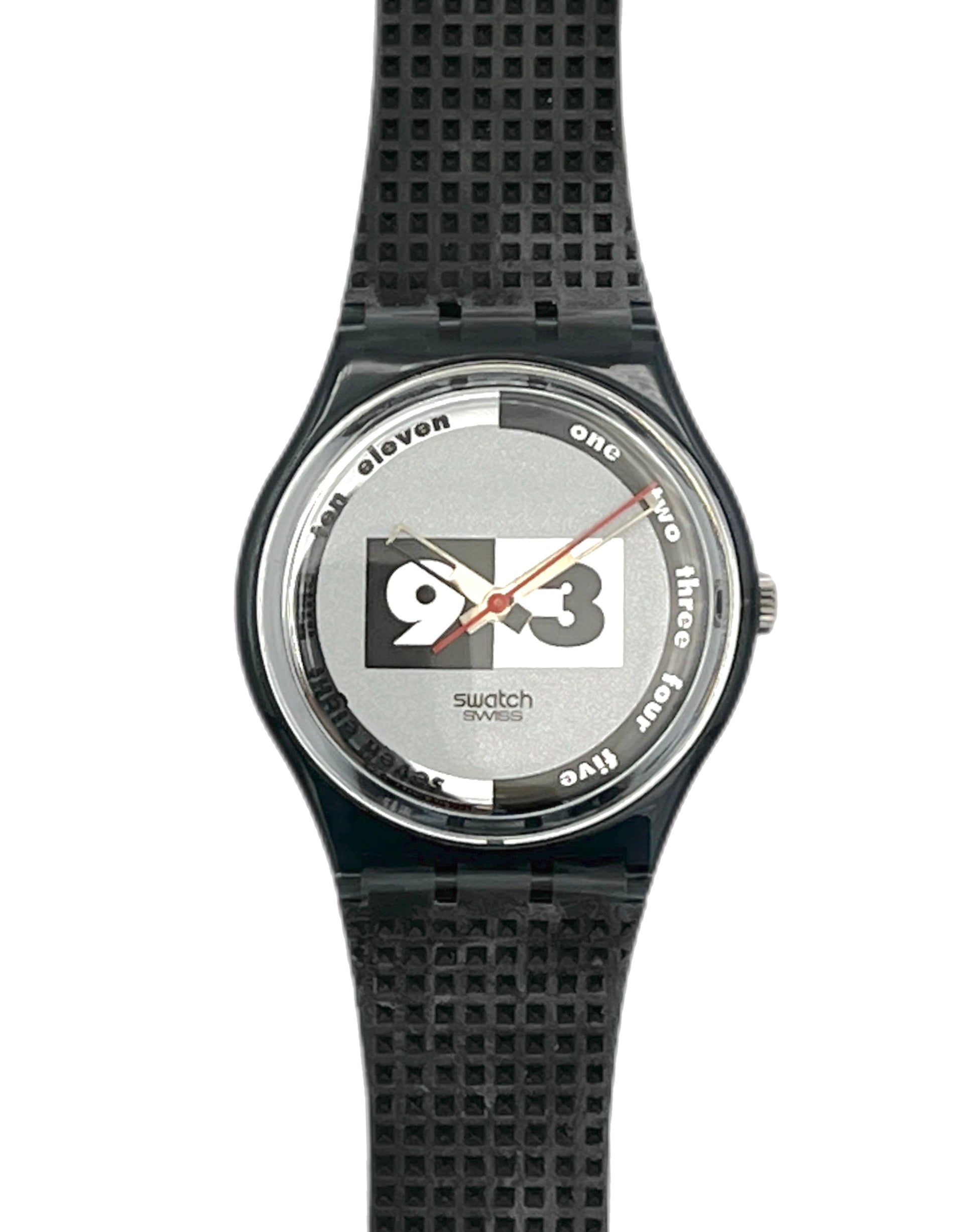 Black Swatch watch with a unique face design on a white background