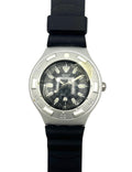 Wristwatch with black strap and silver case on a white background
