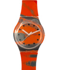 Orange and gray Swatch watch on a white background