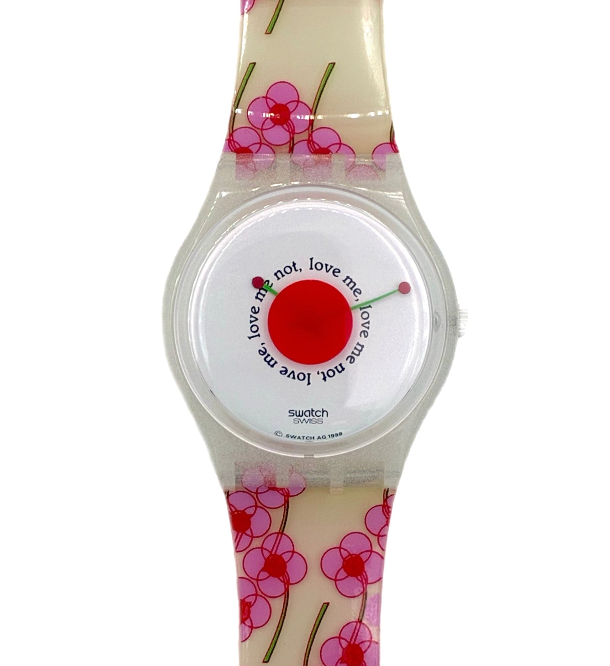 Watch with floral strap and red heart design on a white background